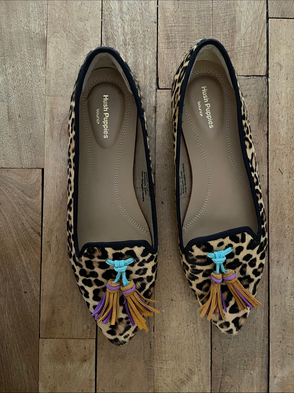 Hush Puppies Bounce Sadie Tassel Suede Calf Hair Animal print slip on loafer 7.5
